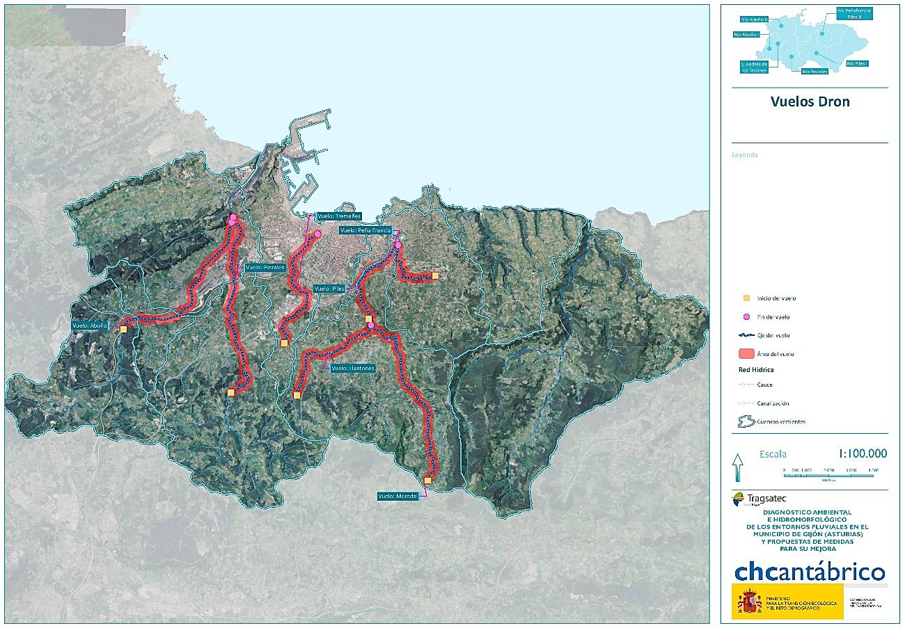 Mapa de los vuelos realizados en los cauces de Gijón