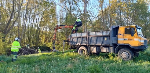 Imagen Operarios y camión Uro retirando restos vegetales del cauce