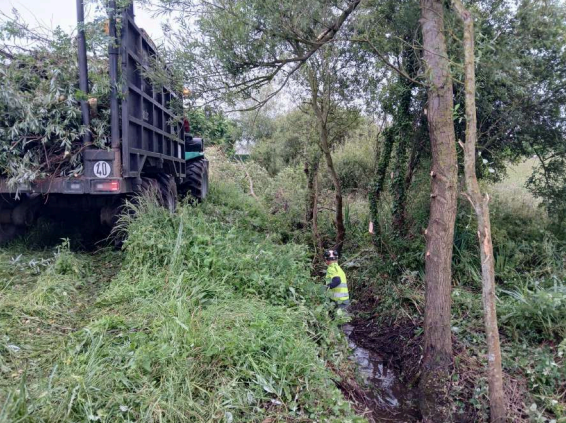 Imagen Operario y autocargador retirando restos vegetales del cauce del río Tapia