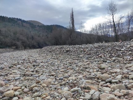 Imagen Acumulación de acarreos formando una barra lateral en la margen izquierda del río Saja