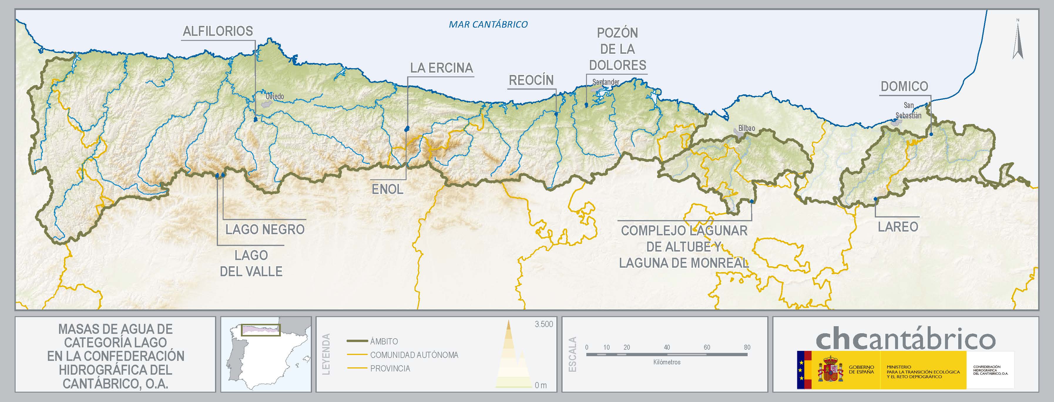 Mapa de masas de agua de categoría lago en la confederación hidrográfica del cantábrico, O.A.