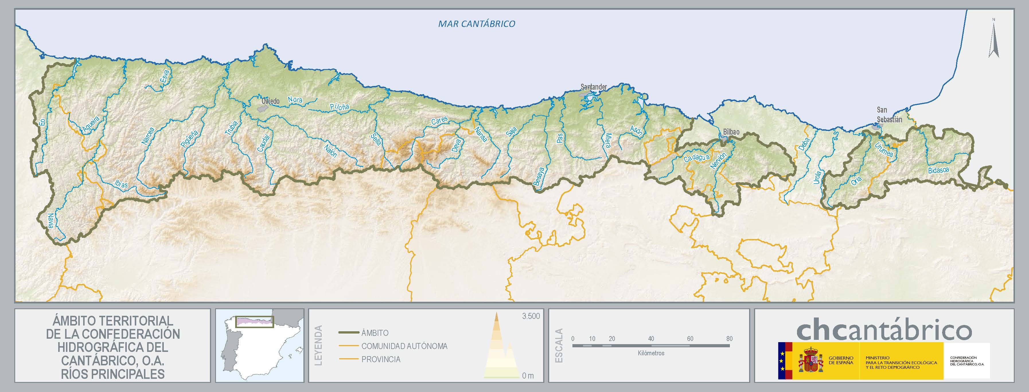 Mapa del ámbito territorial de la confederación hidrográfica del cantábrico,O.A. ríos principales