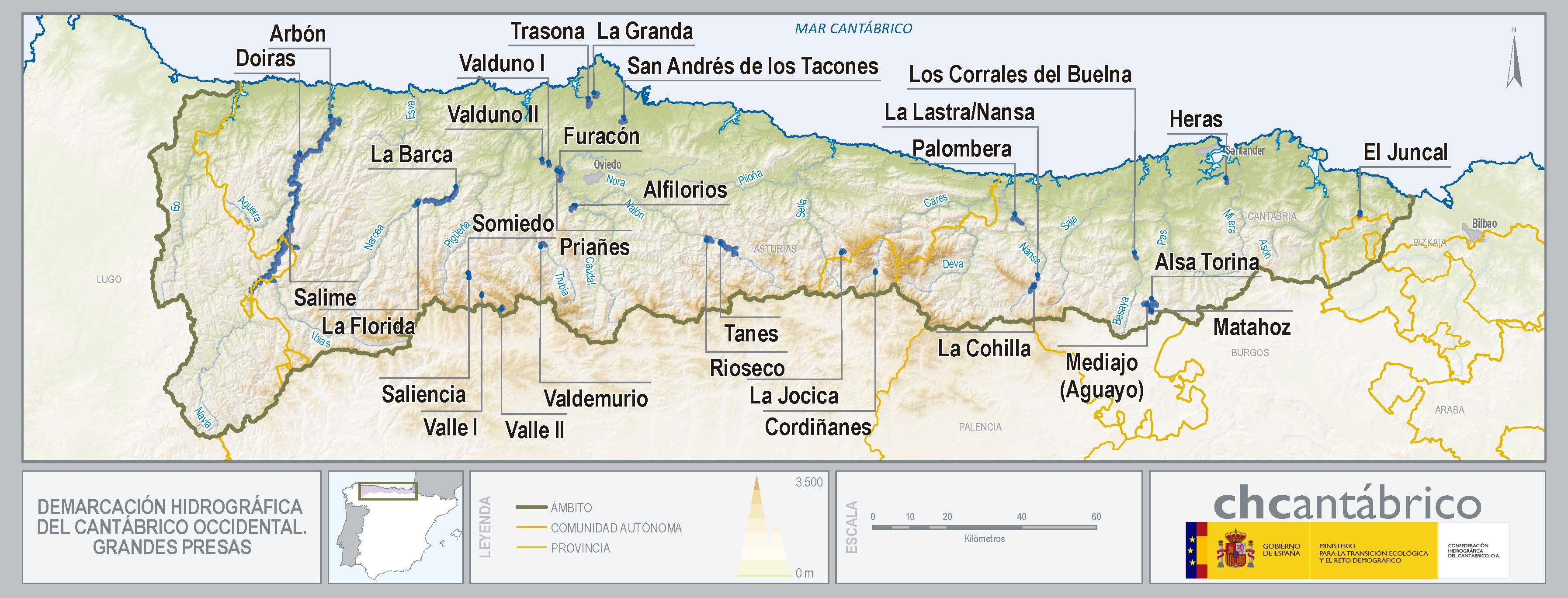 Mapa de la demarcación hidrográfica del cantábrico occidental. Grandes presas