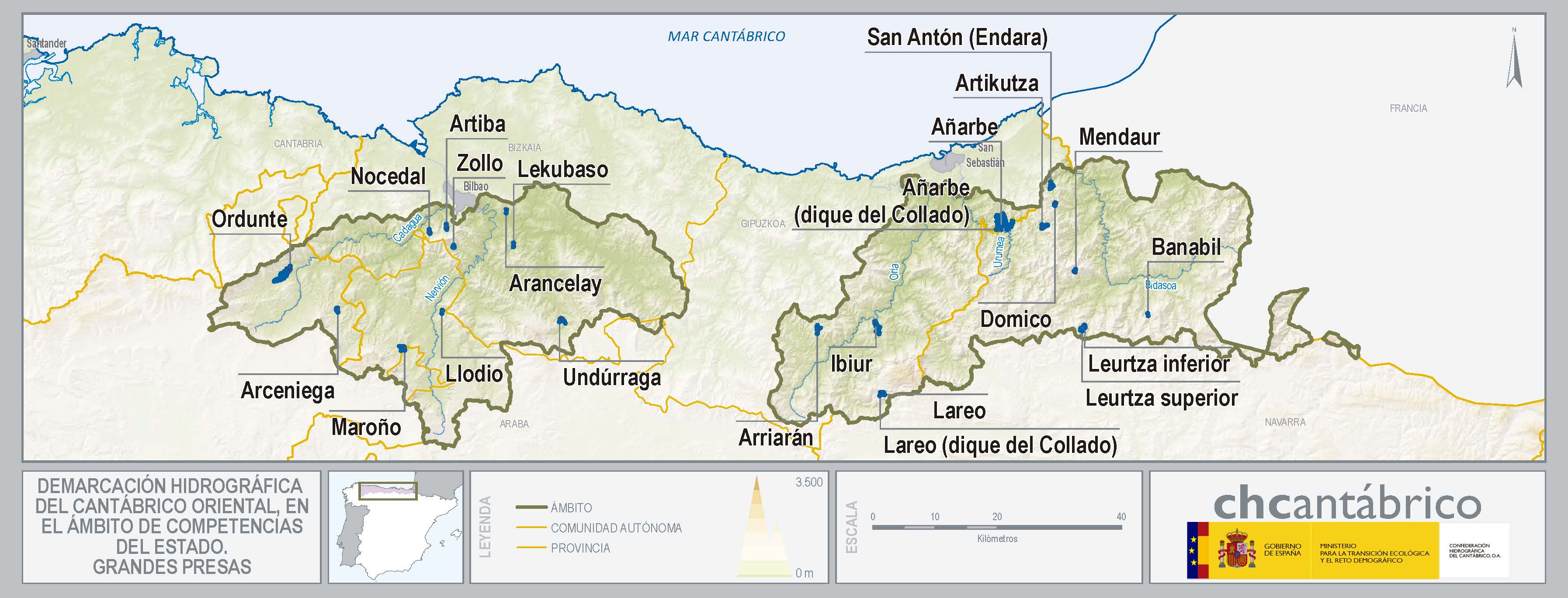 Mapa de la demarcación hidrográfica del cantábrico oriental, en el ámbito de competencias del estado. Grandes presas