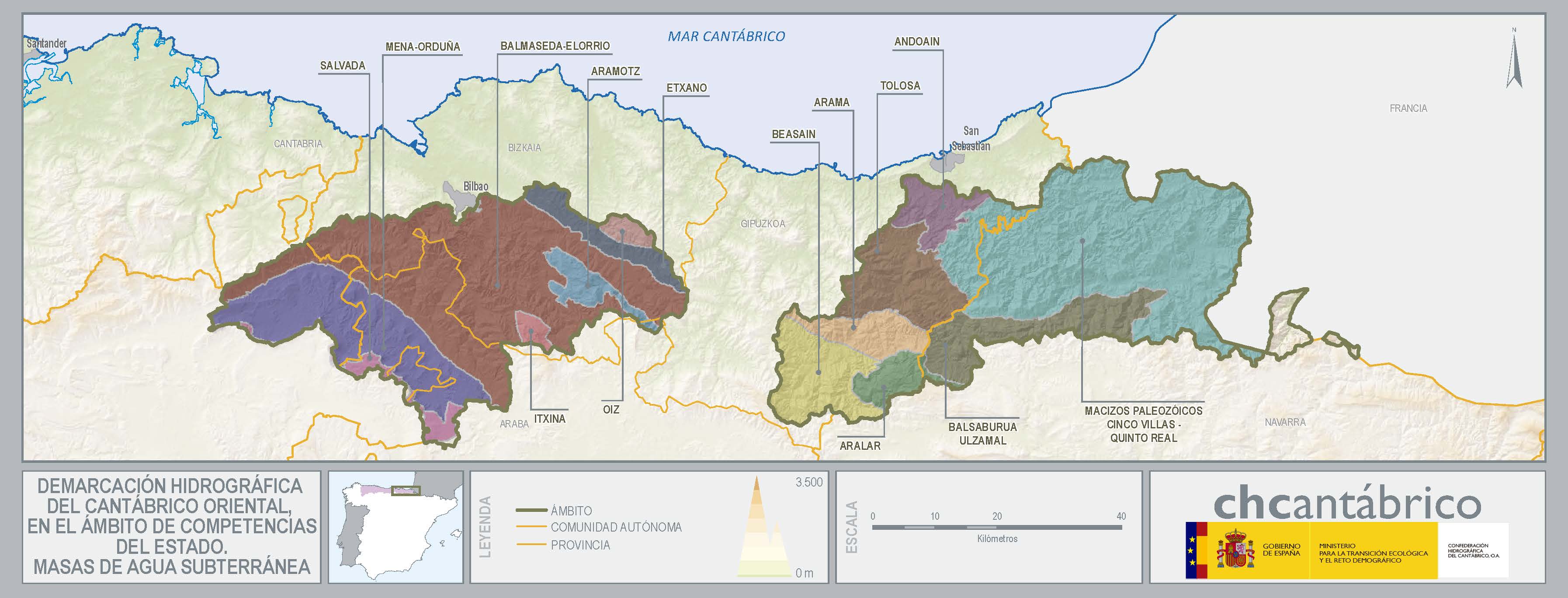 Mapa de la demarcación hidrográfica del cantábrico oriental, en el ámbito de competencias del estado. Masas de agua subterránea