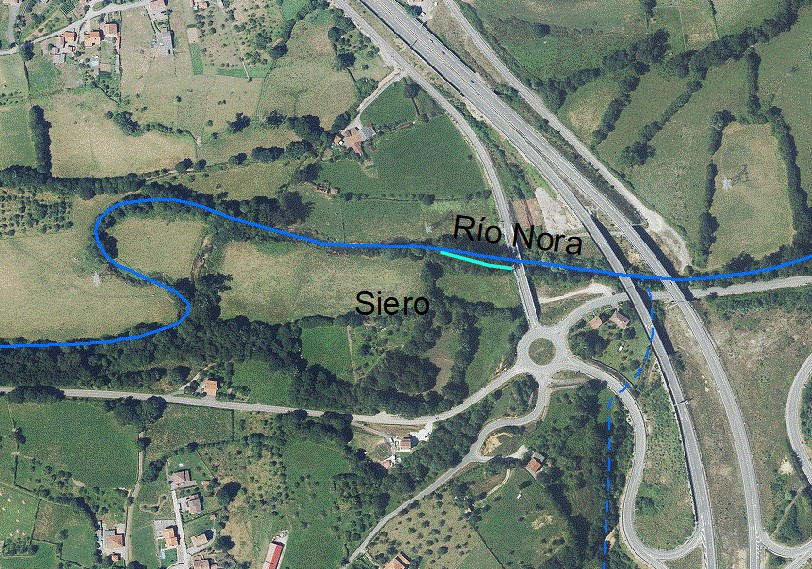 Localización de las actuaciones en el río Nora en la zona de Fonciello