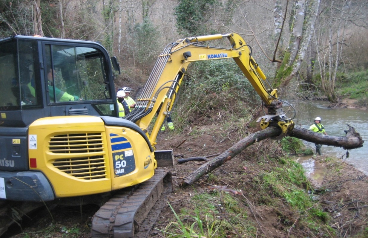 Imagen Retroexcavadora sacando madera en el río España
